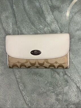 Coach Beige Khaki Signature Canvas and White Leather Trifold Wallet